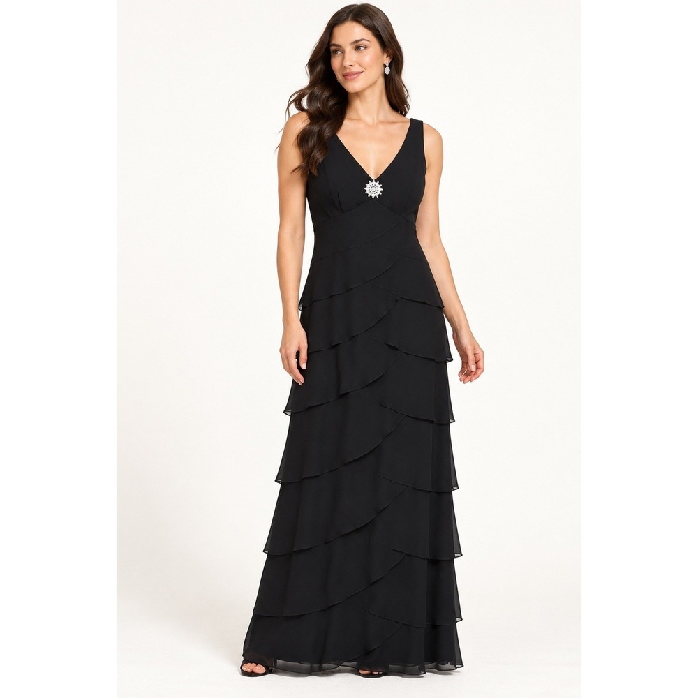 Patra Tiered Ruffle Dress Women 8 Black Rhinestone Brooch Maxi Cocktail Party